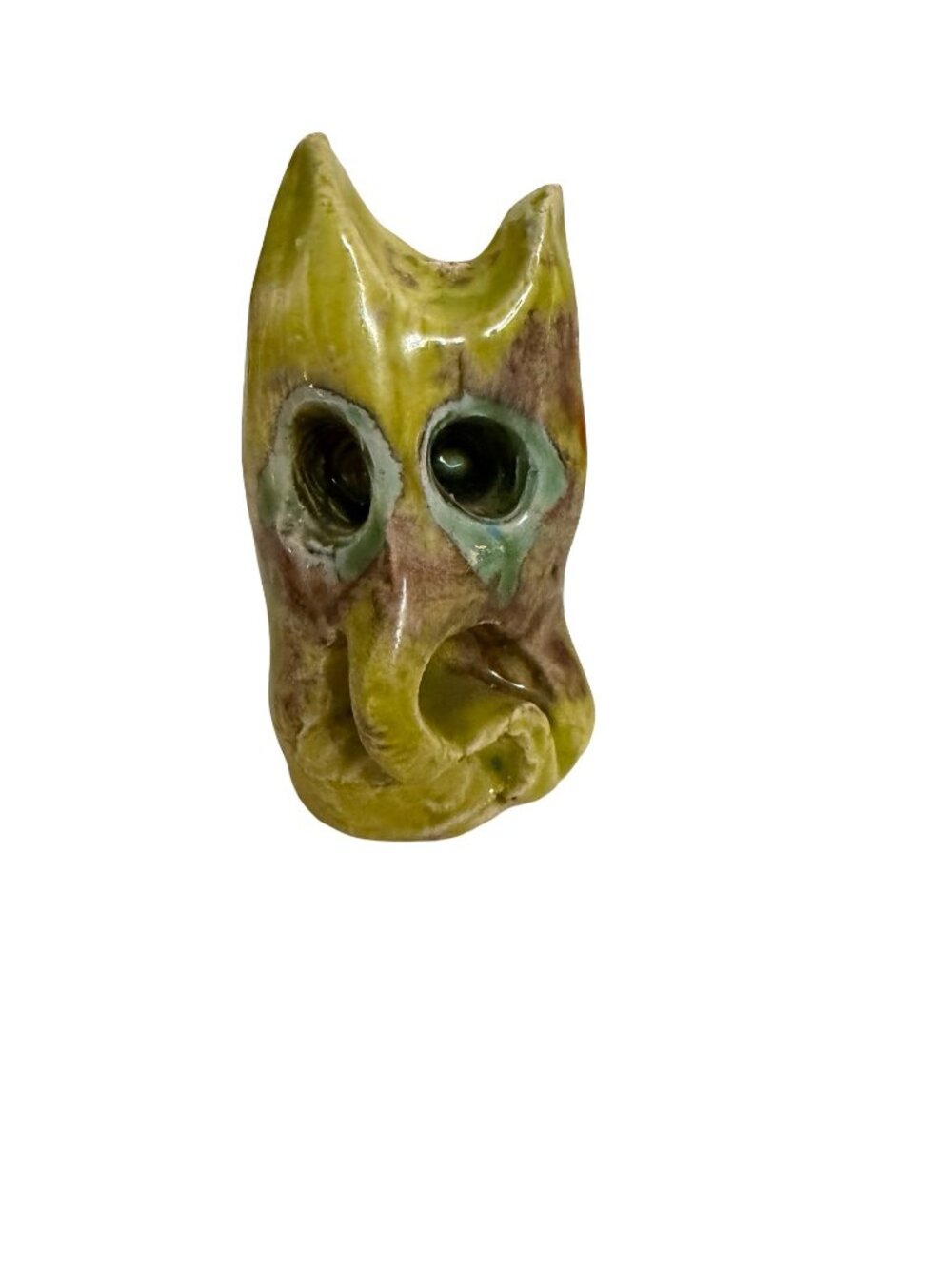 Vintage 1970s Studio Pottery Owl Figurine Handmade Folk Art Yellow Glaze 2.75"